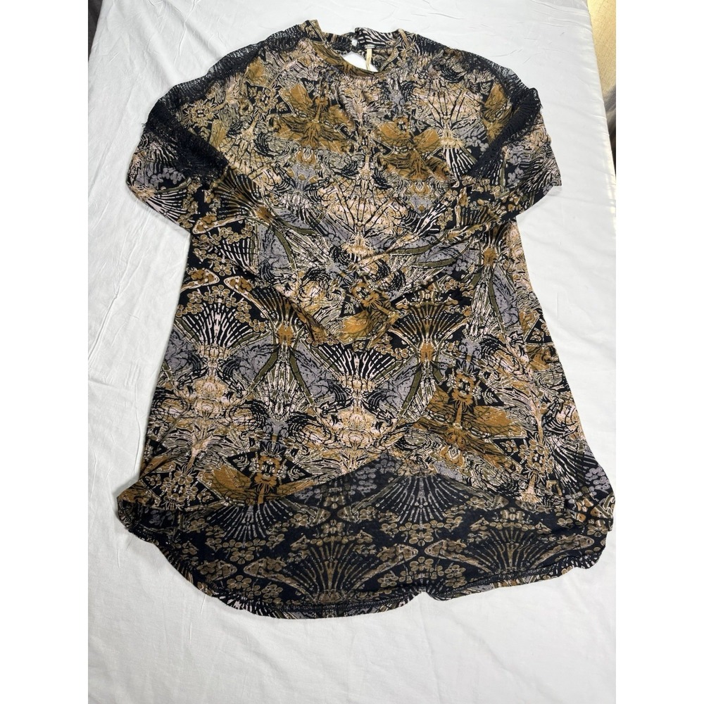 Free People Tunic Top Womens Small Black Gold Print Lace Trim Excellent Boho